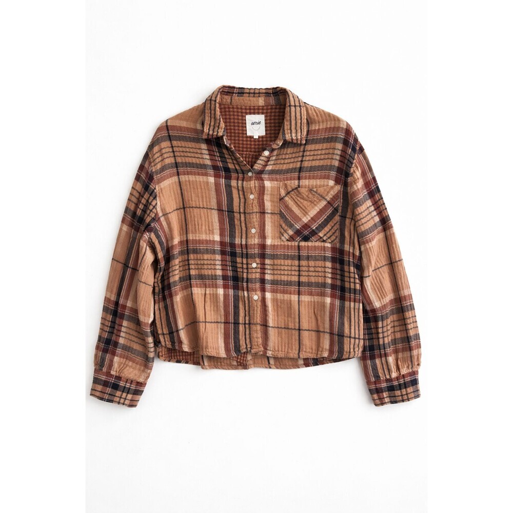 Aerie Plaid Flannel Oversized Relaxed Fit Top Size XL Brown Plaid Shacket